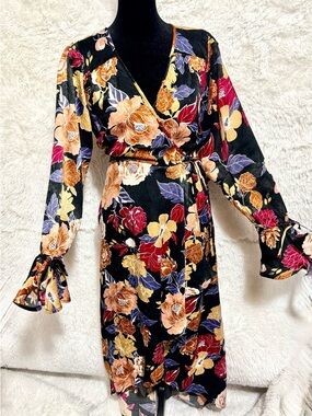 Floral Wrap High-Low Dress in Black with Rust & Wine Accents